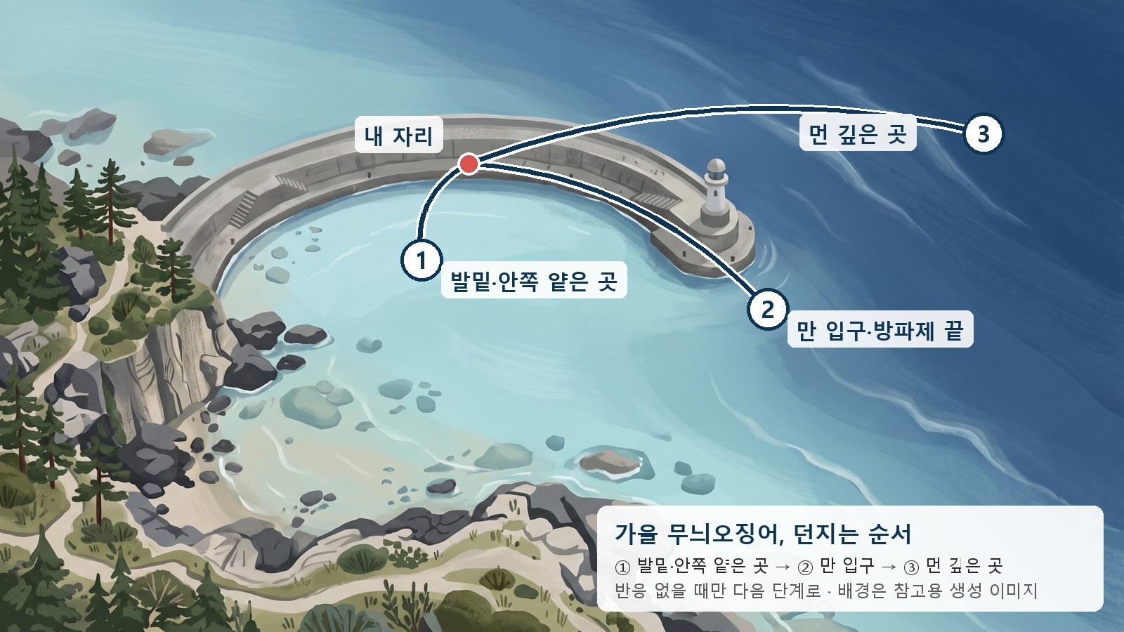 방파제 안쪽 얕은 곳에서 먼 깊은 곳으로 넓혀 가는 순서 도식